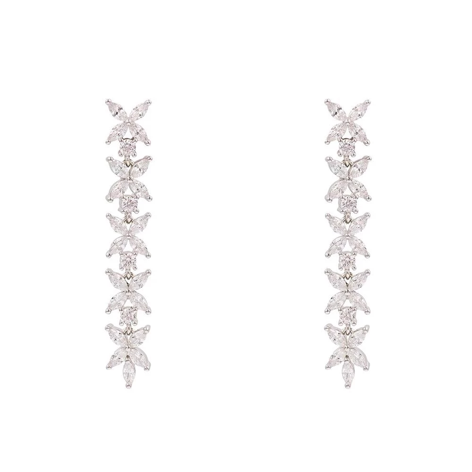 AV polished 925 sterling silver floral drop earrings with white zirconia, 4 cm