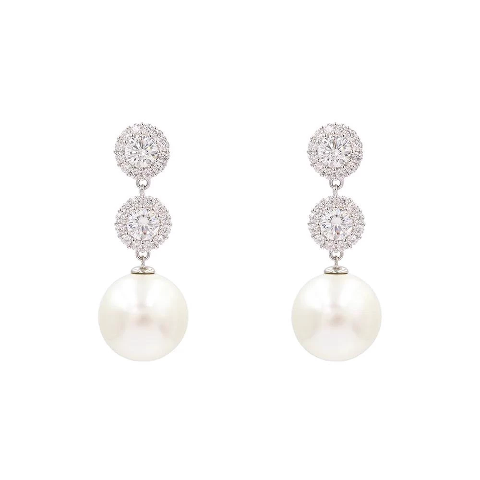 AV polished white-finish 925 sterling silver drop earrings with white zirconia and pearl, 4 cm