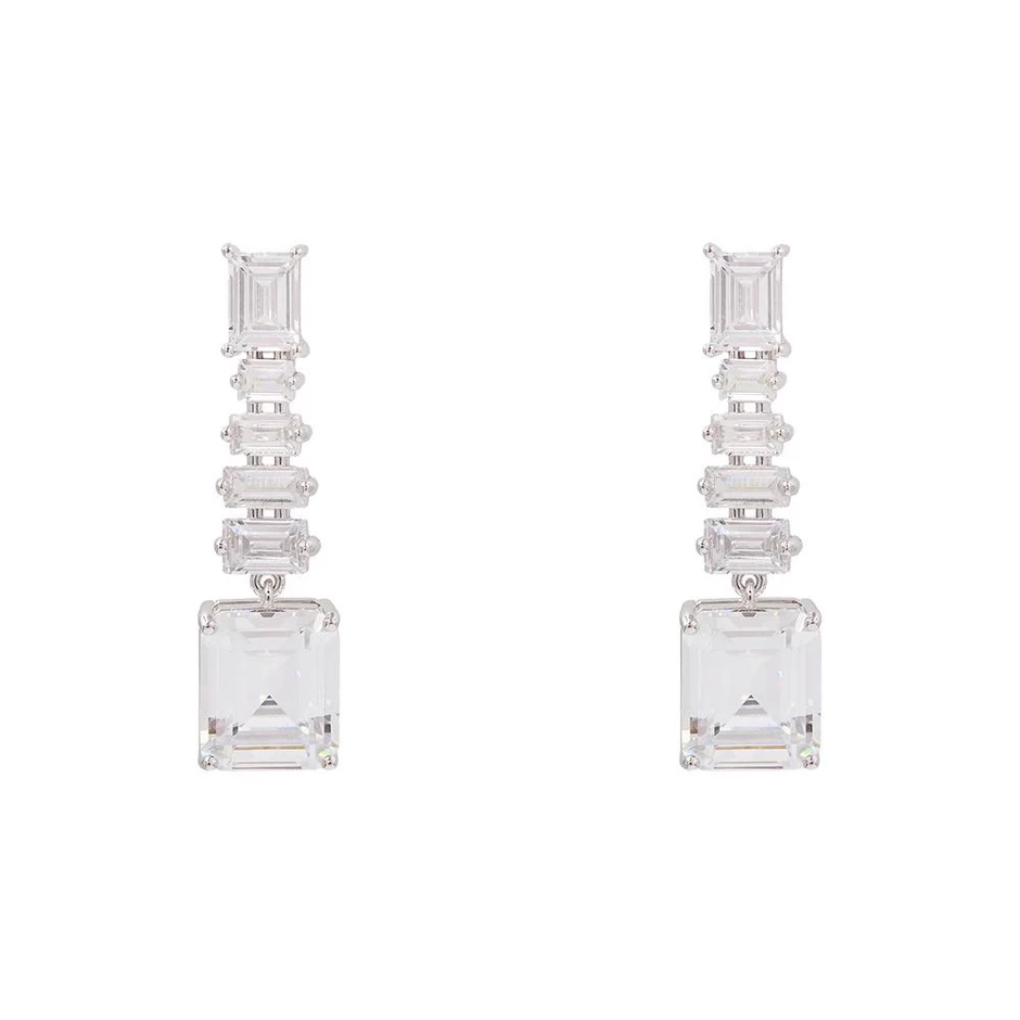 AV polished 925 sterling silver drop earrings with rectangular white zirconia stones, 4 cm
