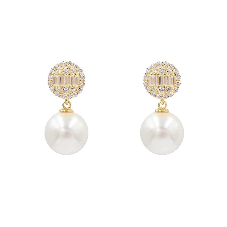 AV yellow-plated 925 sterling silver round zirconia halo earrings with pearl drops, 2 cm