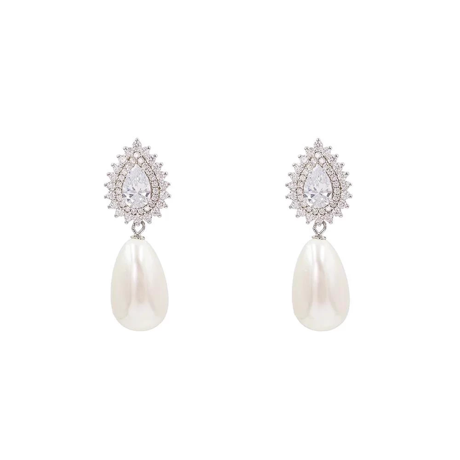 AV polished white-finish 925 sterling silver teardrop earrings with zirconia and pearl drops