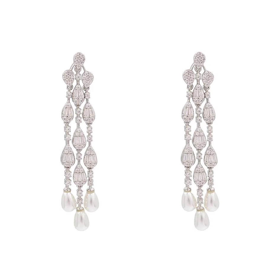 AV polished white-finish 925 sterling silver teardrop zirconia earrings with pearl drops, 5 cm
