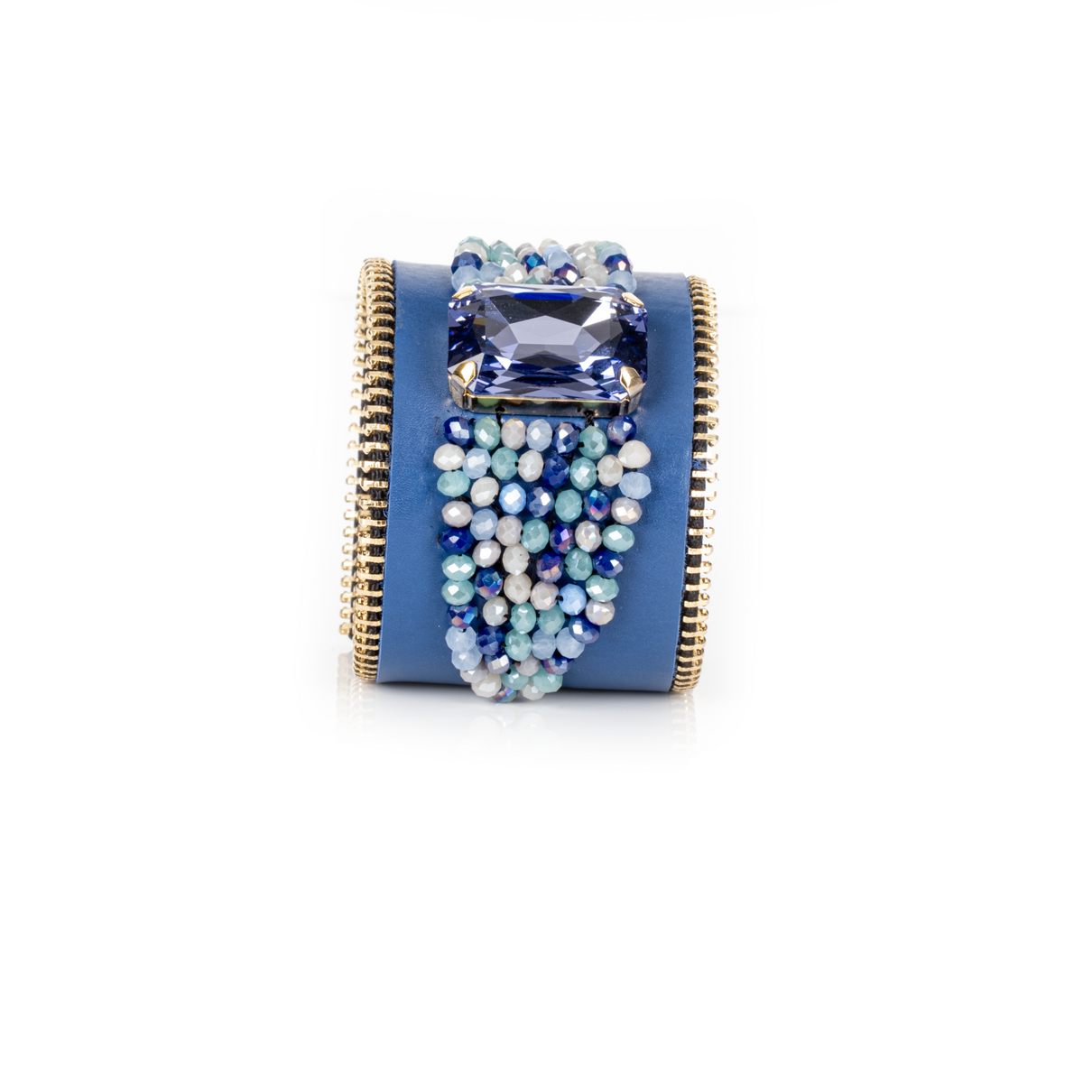 Azure Cascade blue leather crystal cuff by The Dark Atelier