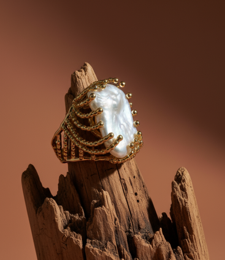Gold ring with a large pearl on a wooden surface