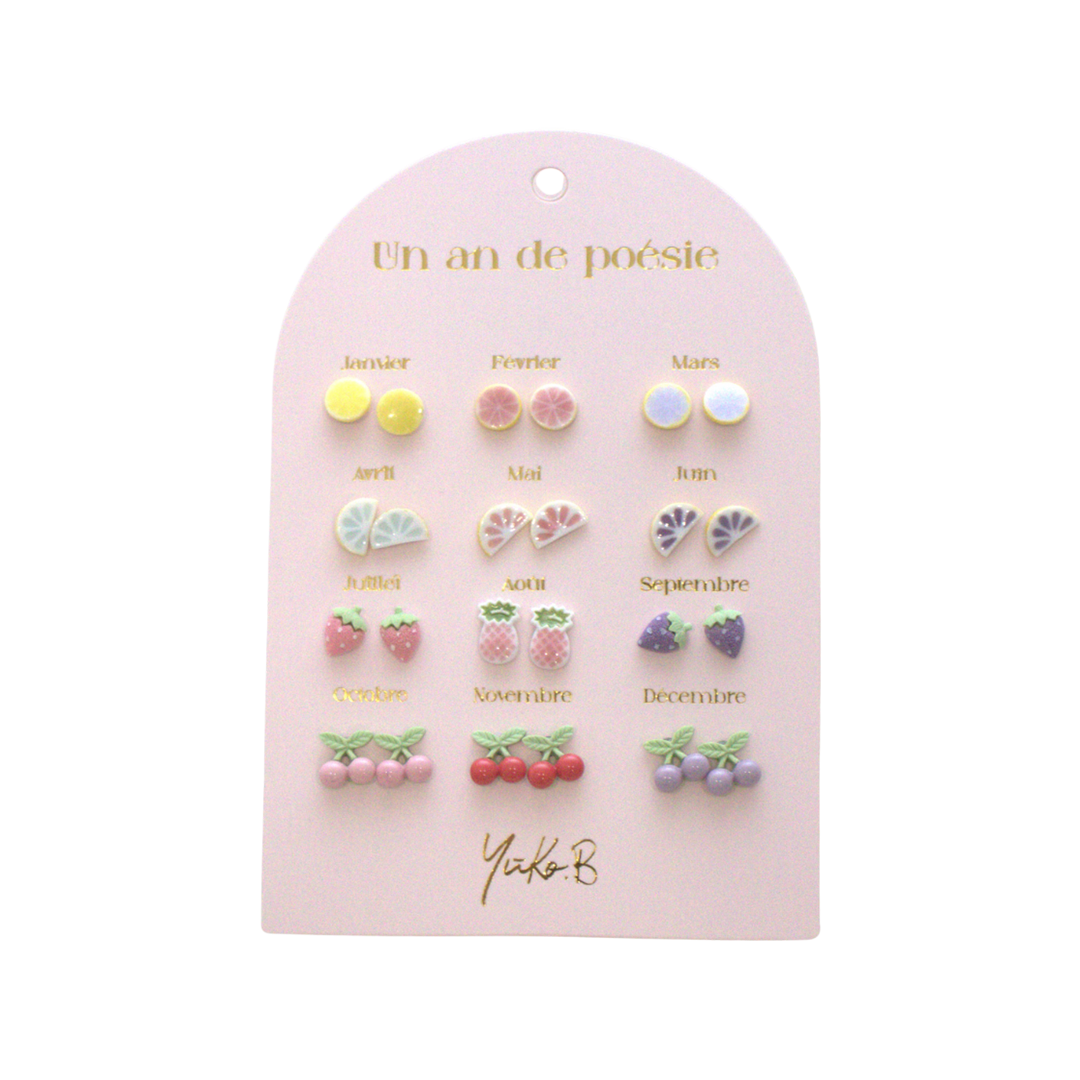 A Year of Fruity Poetry – 12-Pair Ceramic Earrings for Kids (Nickel-Free)