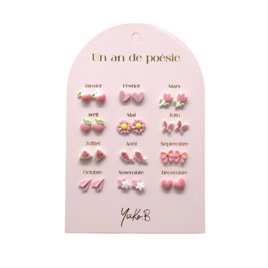 Pink themed kids earrings set with stainless steel posts and ceramic details, 12 pairs
