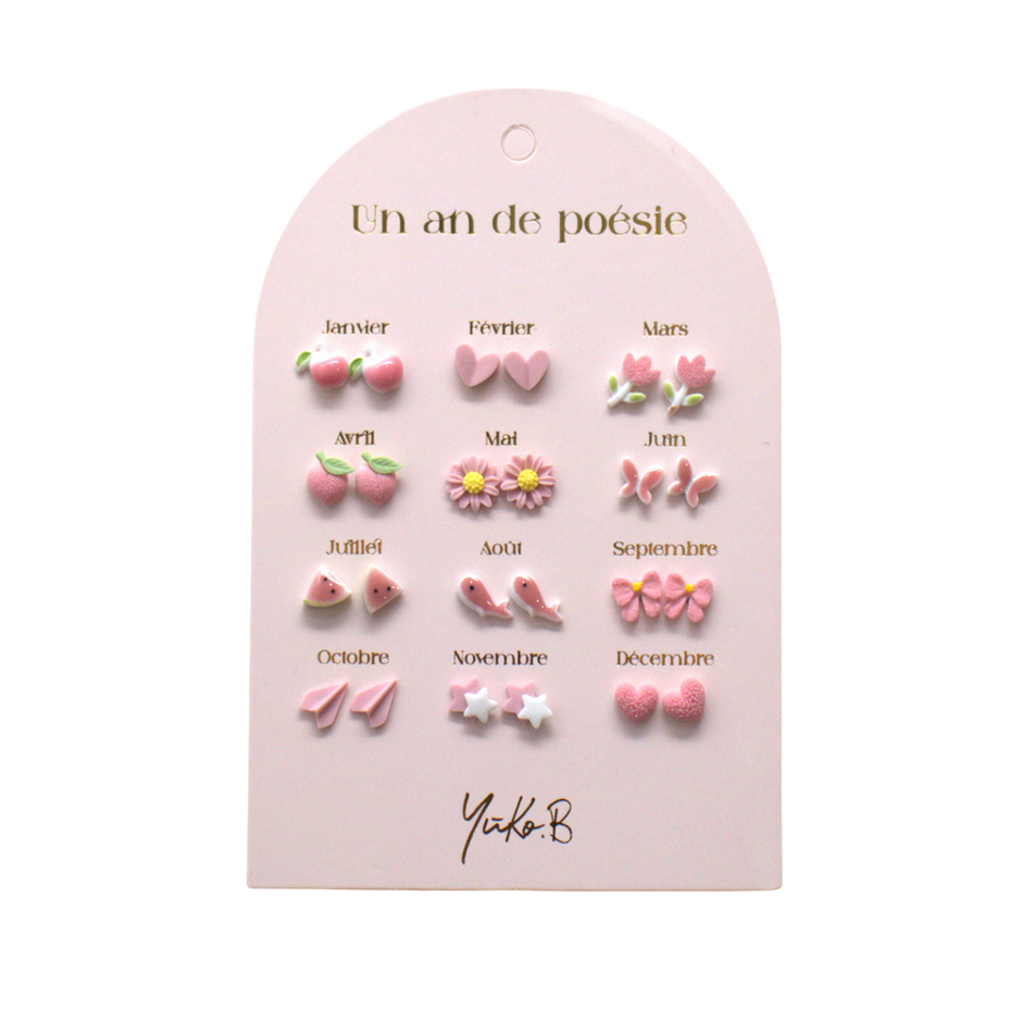 Pink themed kids earrings set with stainless steel posts and ceramic details, 12 pairs
