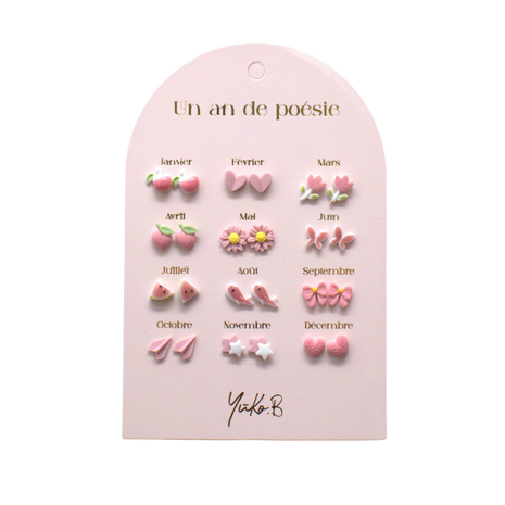 Pink themed kids earrings set with stainless steel posts and ceramic details, 12 pairs
