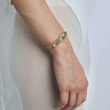 Bronze Open Cuff Bracelet with Freshwater Pearls
