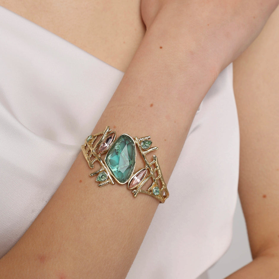 Sculptural Bronze Cuff Bracelet with Aqua & Violet Resin