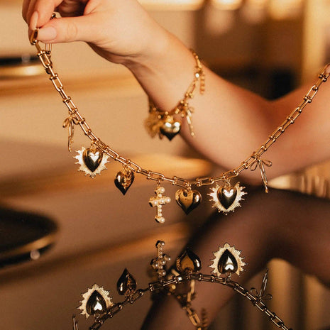 Stainless Steel Necklace and Bracelet with Hearts, Cross & Pearl Pavé