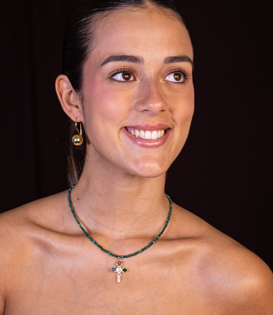 Faceted Malachite Choker | 18K Gold-Plated Multicolored Zircon Cross