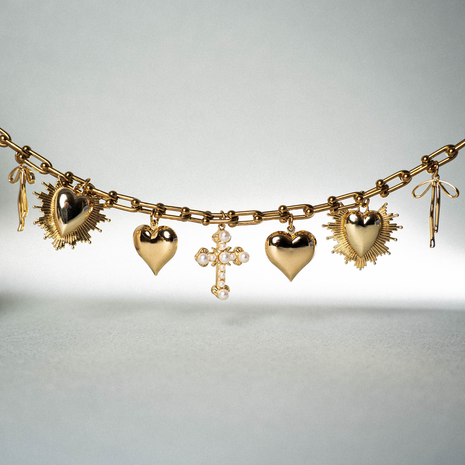 Stainless Steel Necklace and Bracelet with Hearts, Cross & Pearl Pavé