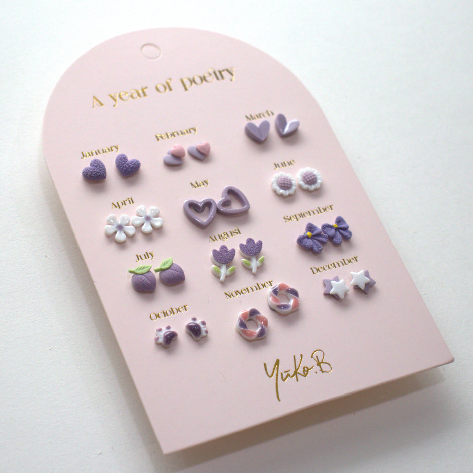 Yuko-B Kids Ceramic Stud Earrings Set – Purple Motifs (12 Pairs)