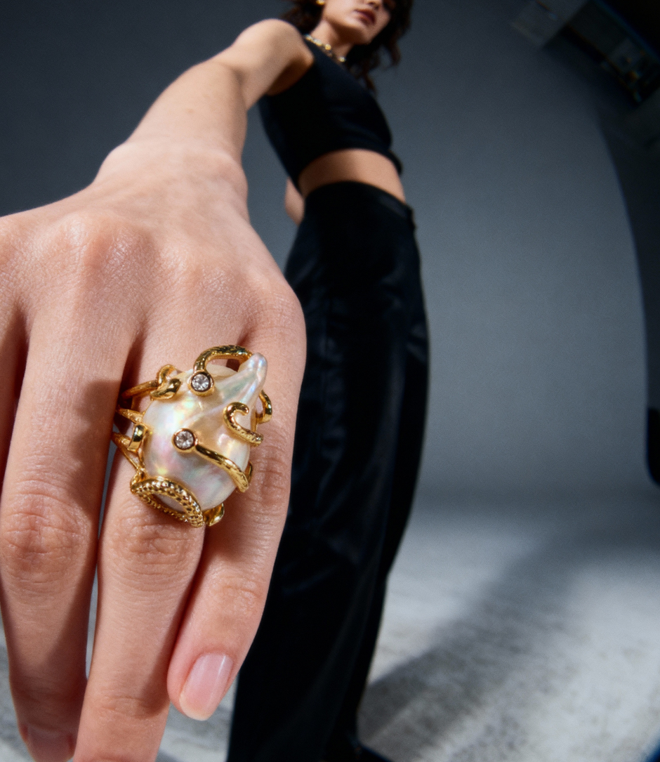Natural Baroque Pearl Adjustable Ring | 18K Gold Plated Organic Elegance