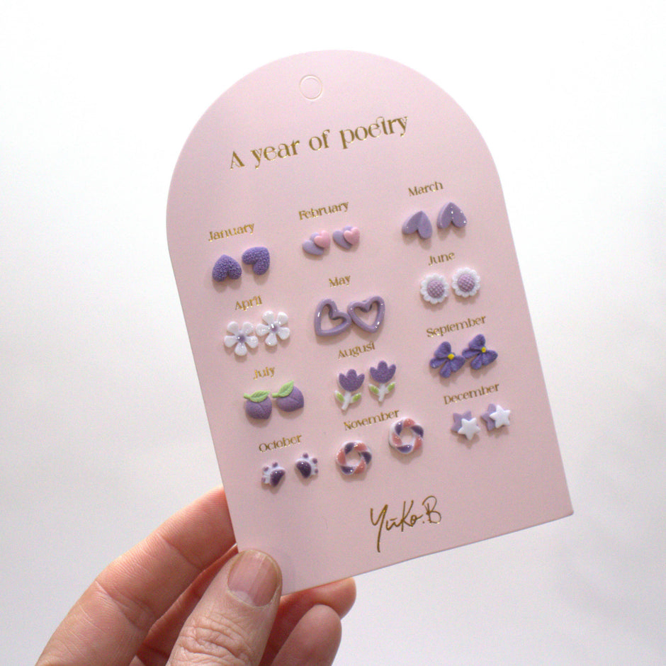 Yuko-B Kids Ceramic Stud Earrings Set – Purple Motifs (12 Pairs)