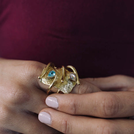 Bronze Sculptural Ring with Teardrop Crystals