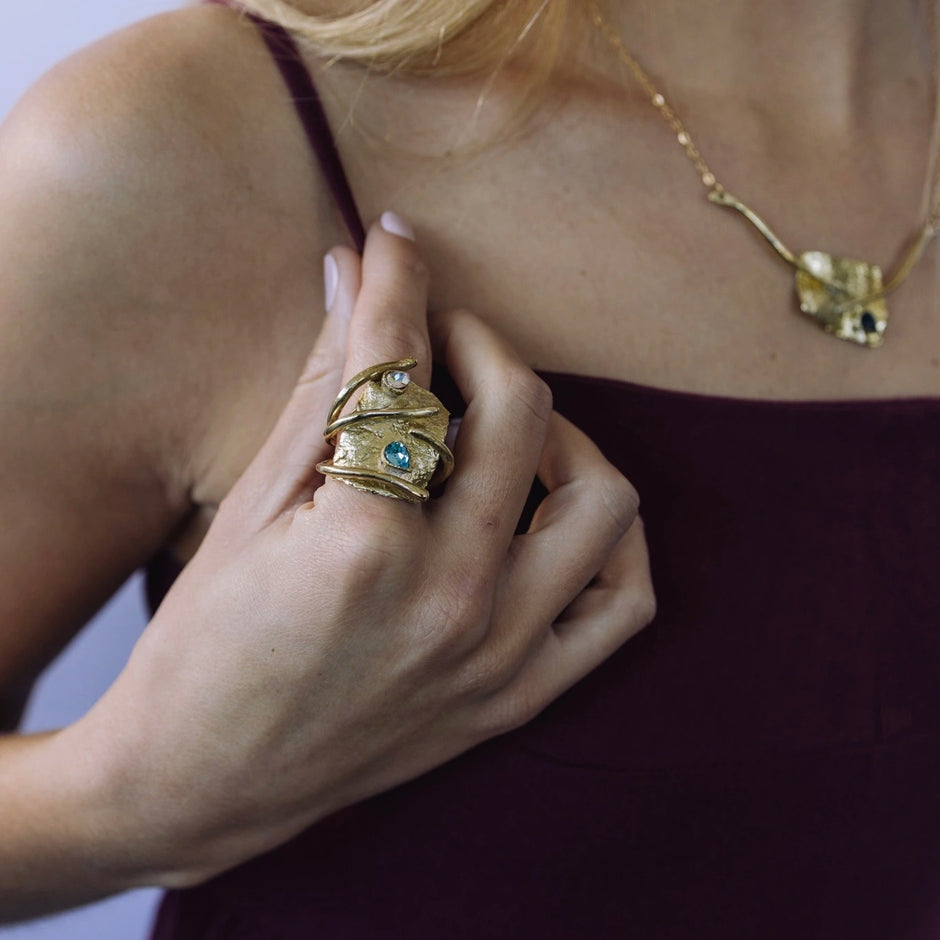Bronze Sculptural Ring with Teardrop Crystals