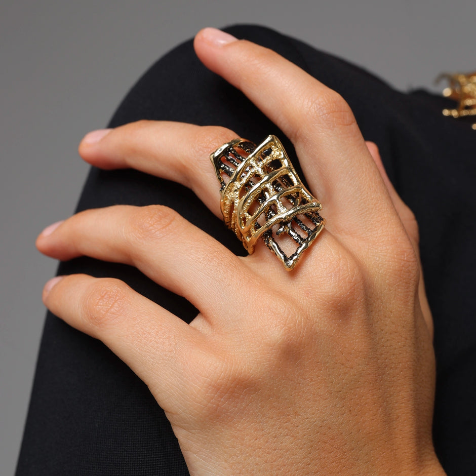 Sculptural Bronze Openwork Ring with Oxidized Finishes
