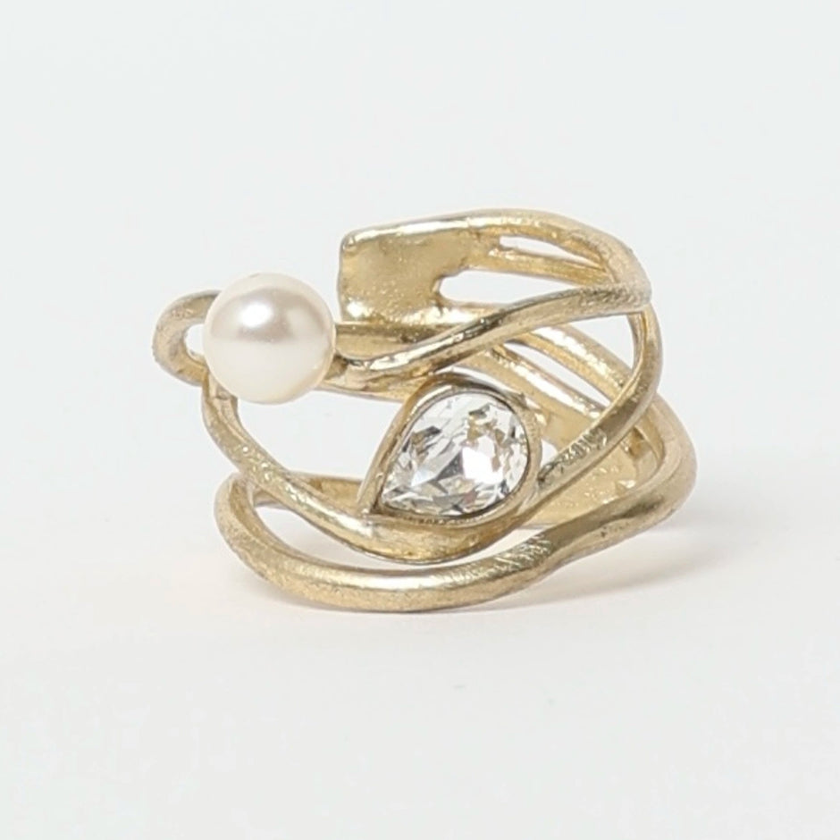 Gleam Swirly Ring – Bronze with White Crystal & Creamrose Pearl