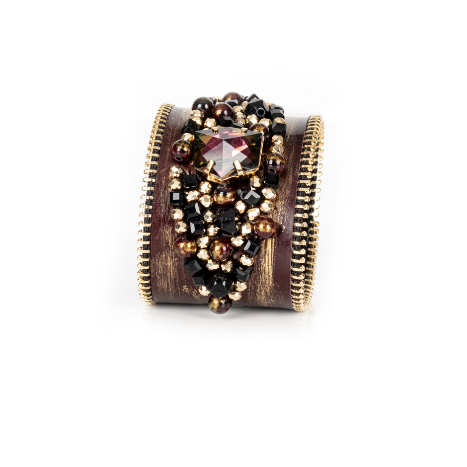 Dark brown leather statement cuff with black, gold and burgundy crystals by The Dark Atelier