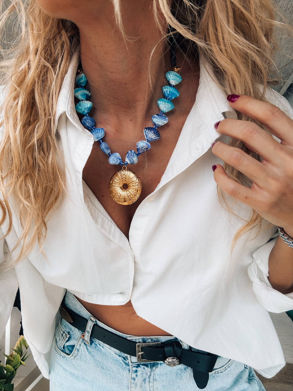 Blue Glass Shell Necklace with Gold-Plated Urchin Pendant