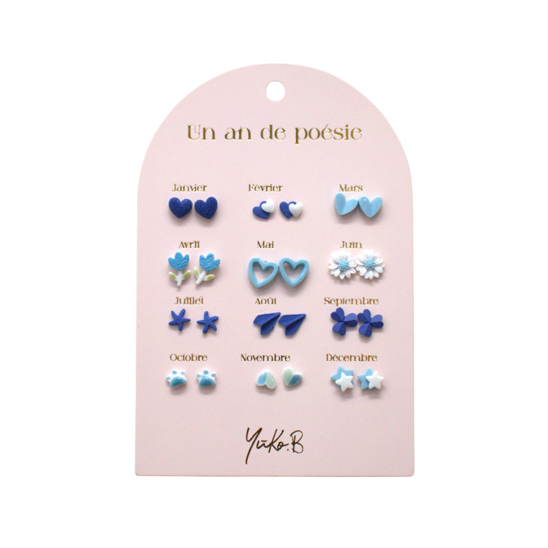 A Year of Blue Poetry – 12-Pair Ceramic Earrings for Girls (Nickel-Free)