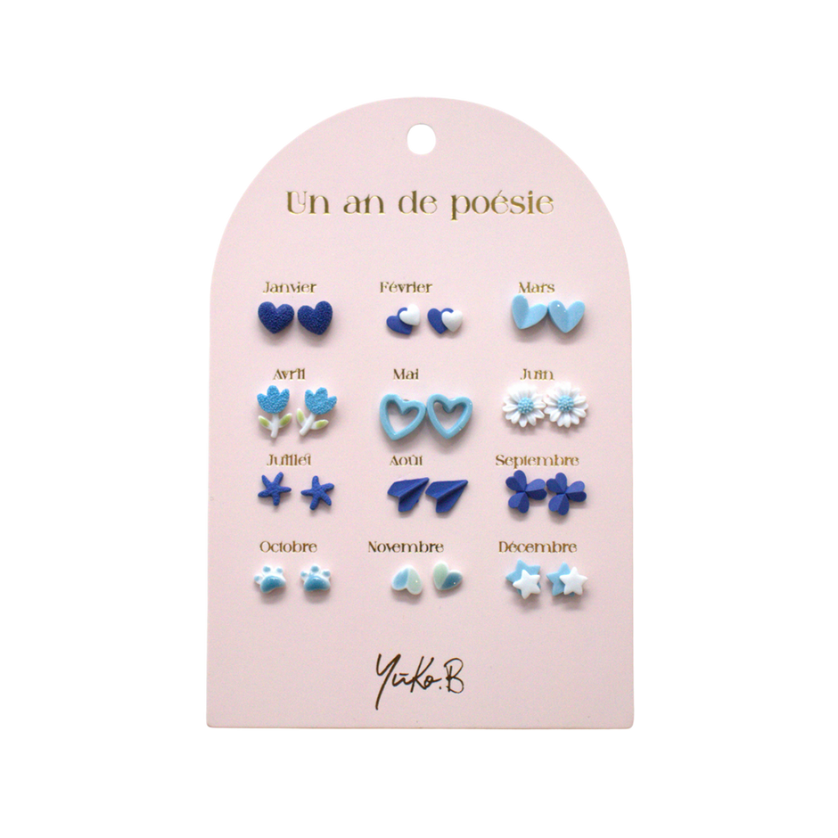 Blue themed kids earrings set with stainless steel posts and ceramic details, 12 pairs
