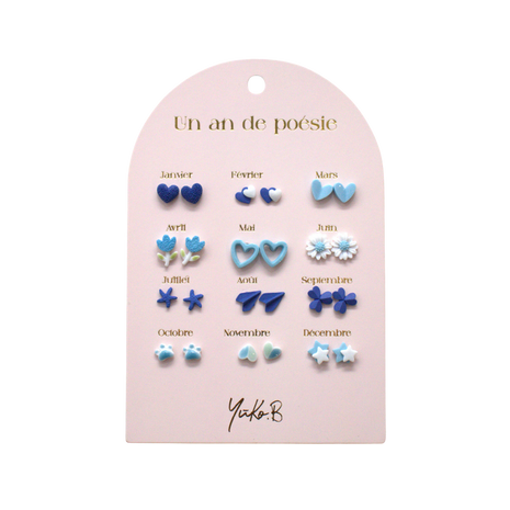 Blue themed kids earrings set with stainless steel posts and ceramic details, 12 pairs

