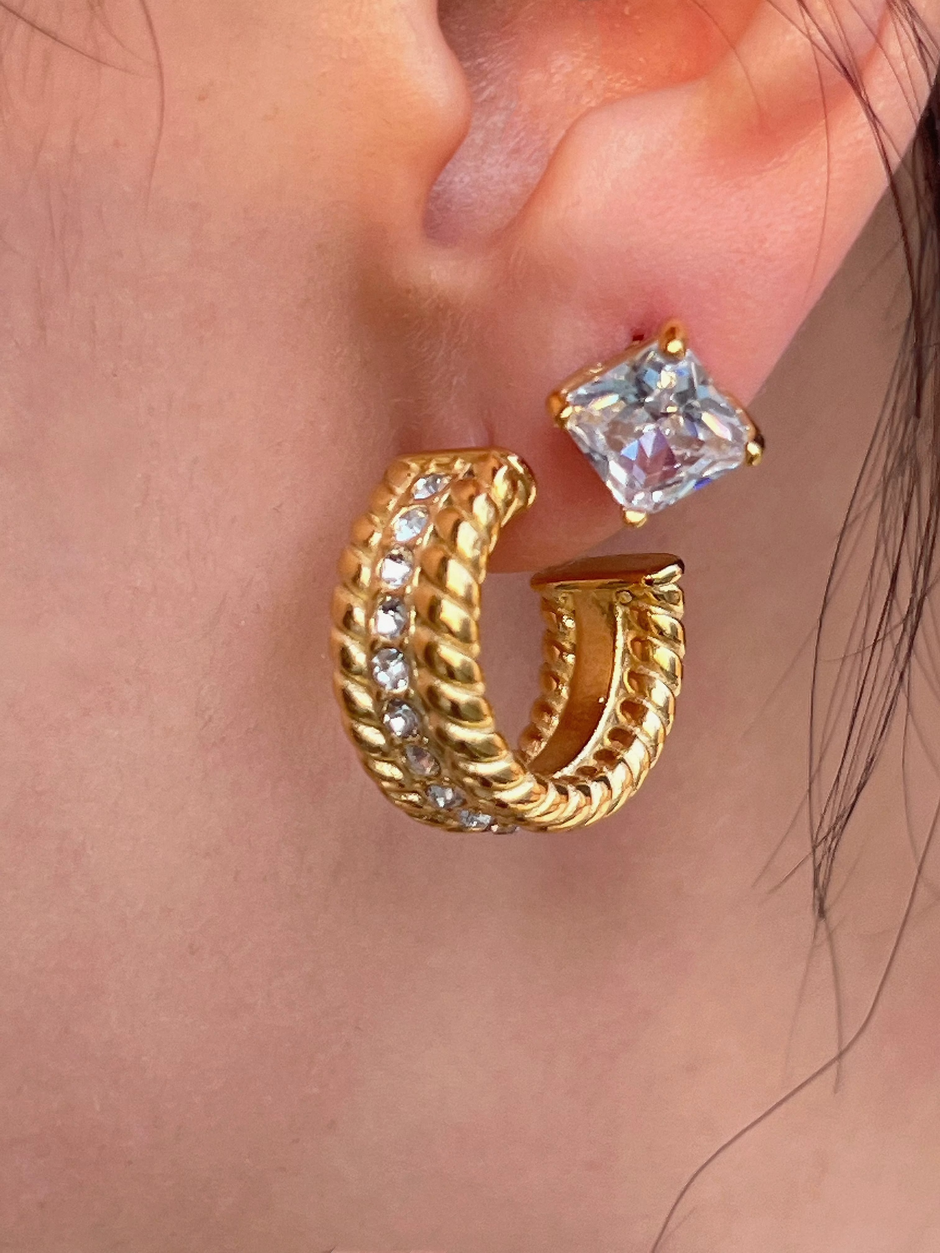 18k Gold Plated Stainless Steel Twist Chain Zirconia C Hoop Earrings