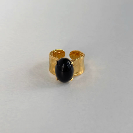 Gold-Plated Stainless Steel Ring with Black Resin Cabochon