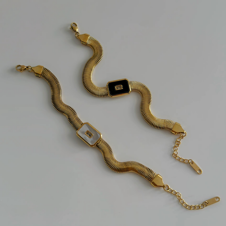 Gold-Plated Stainless Steel Herringbone Bracelet with Enamel Inlay