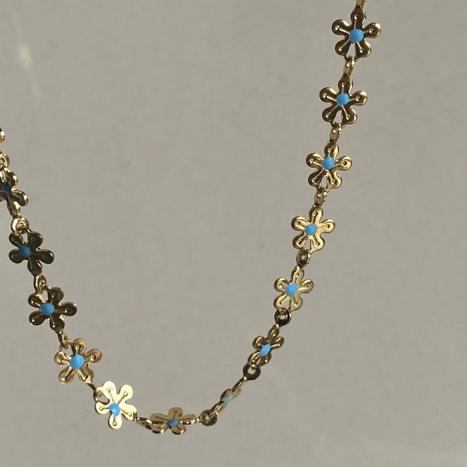 Blue Enamel Flower Necklace with Gold-Plated Chain