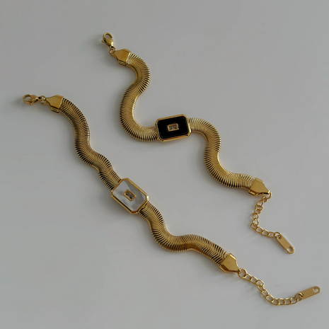 Gold-Plated Stainless Steel Herringbone Bracelet with Enamel Inlay