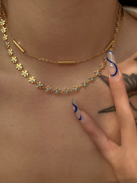 Blue Enamel Flower Necklace with Gold-Plated Chain