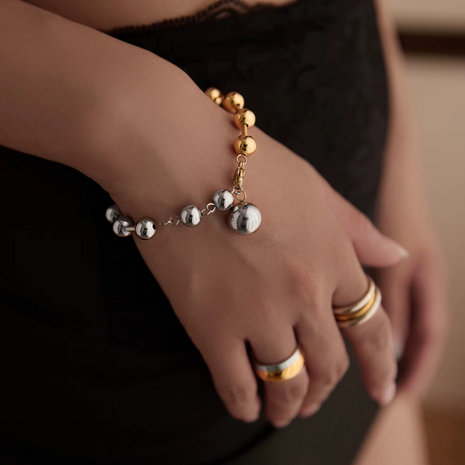 Two-Tone Stainless Steel Bead Bracelet with Gold-Plated Finish