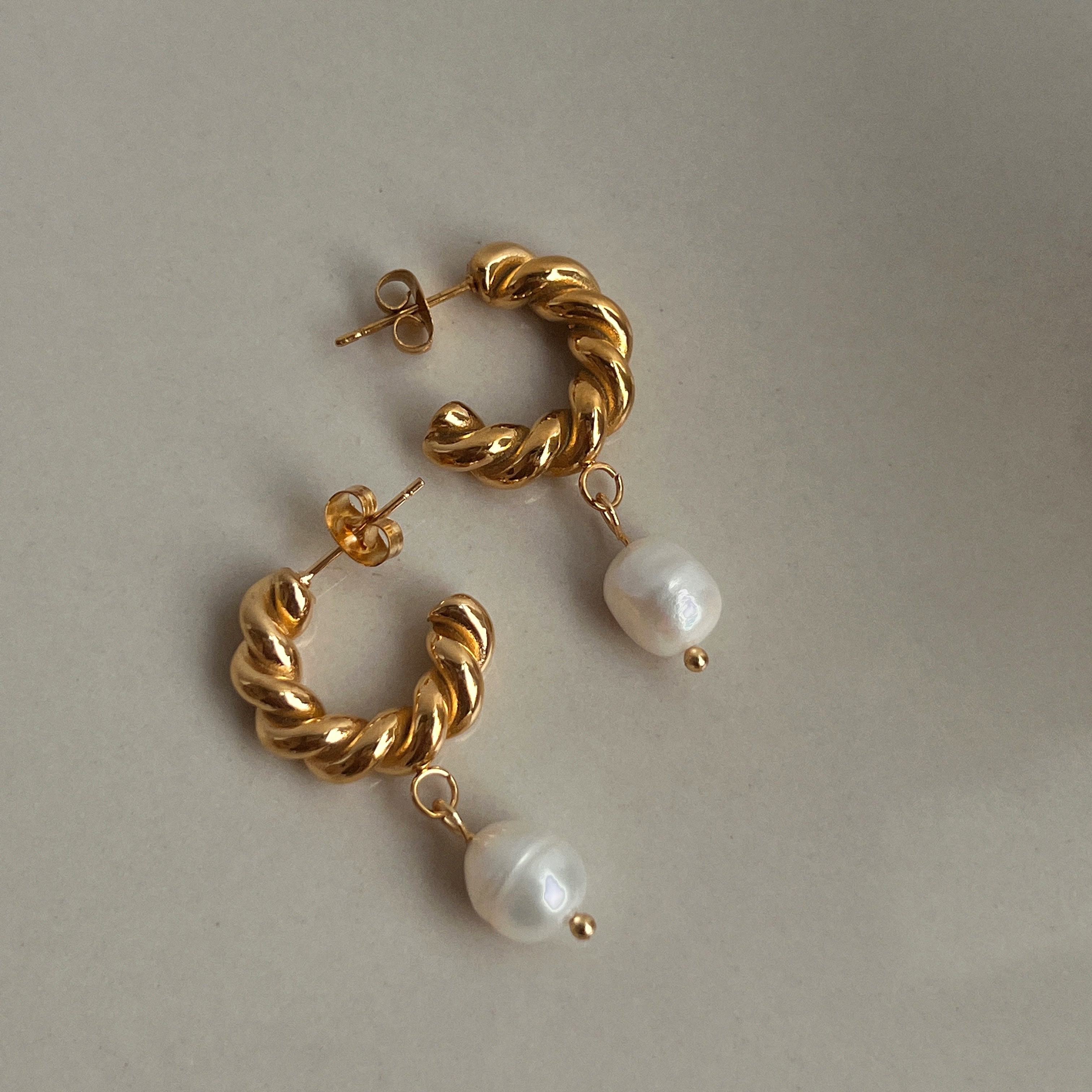18k Gold Plated Twist Hoop Earrings with Freshwater Pearl Drop