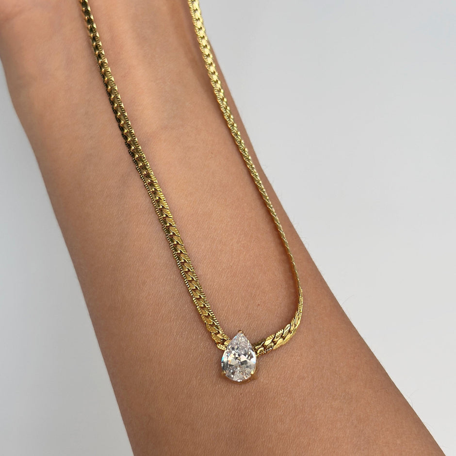 Gold-Plated Stainless Steel Necklace with Teardrop Zircon