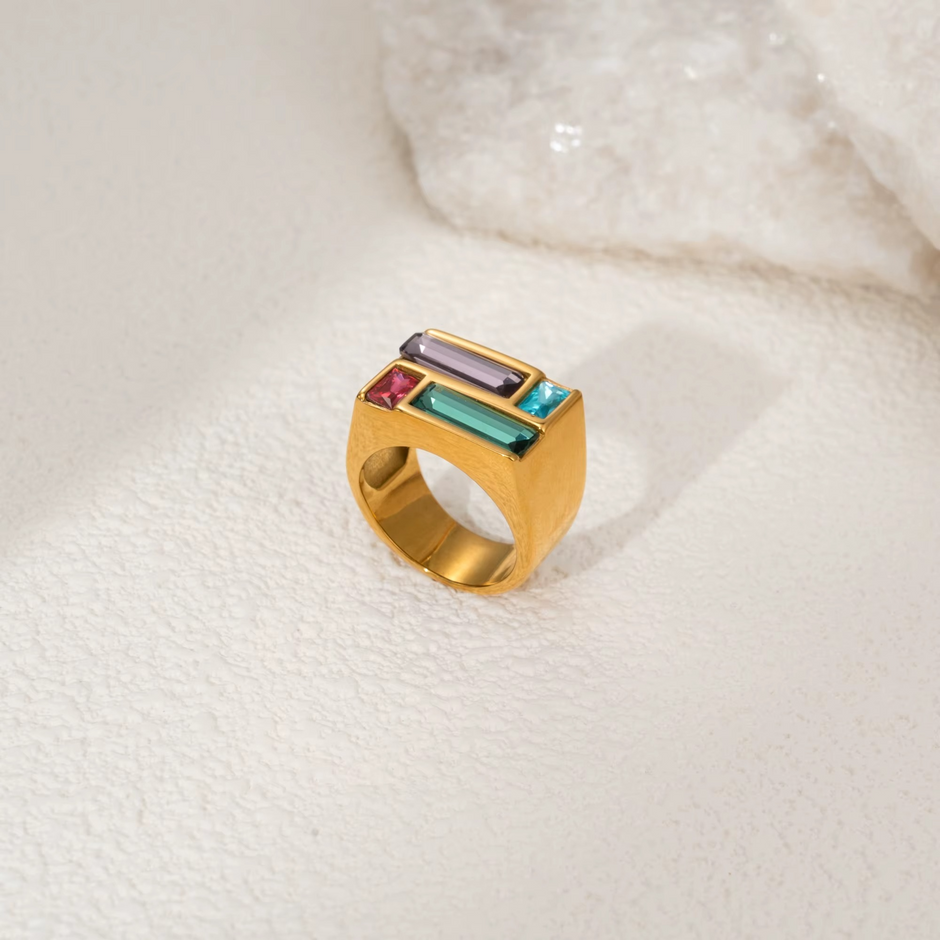 Gold-Plated Multicolour Baguette Crystal Ring