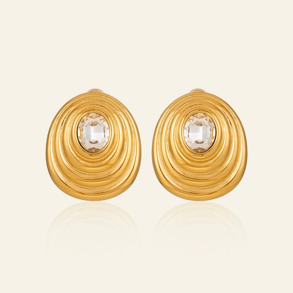Oval Zircon Stud Earrings with Gold-Plated Setting