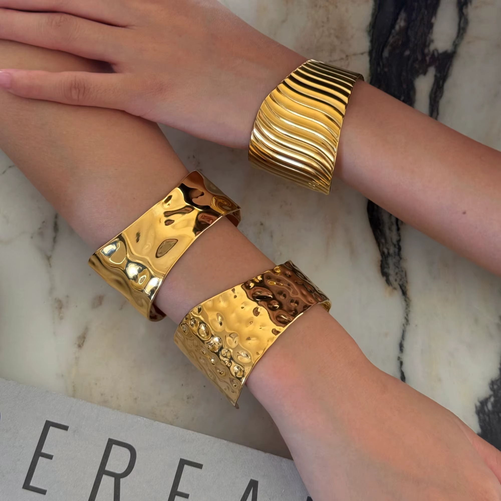 Wave Textured 18K Gold-Plated Stainless Steel Cuff – Designed in Greece