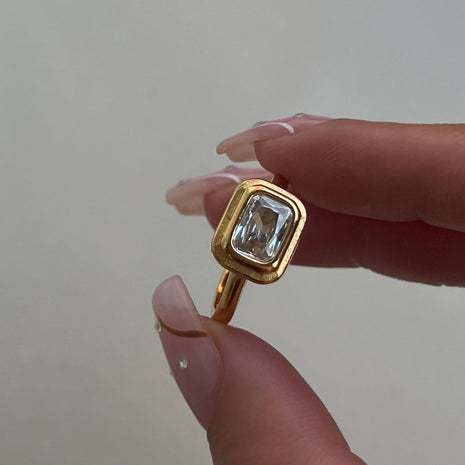 Gold-Plated Stainless Steel Ring with Rectangular Zircon