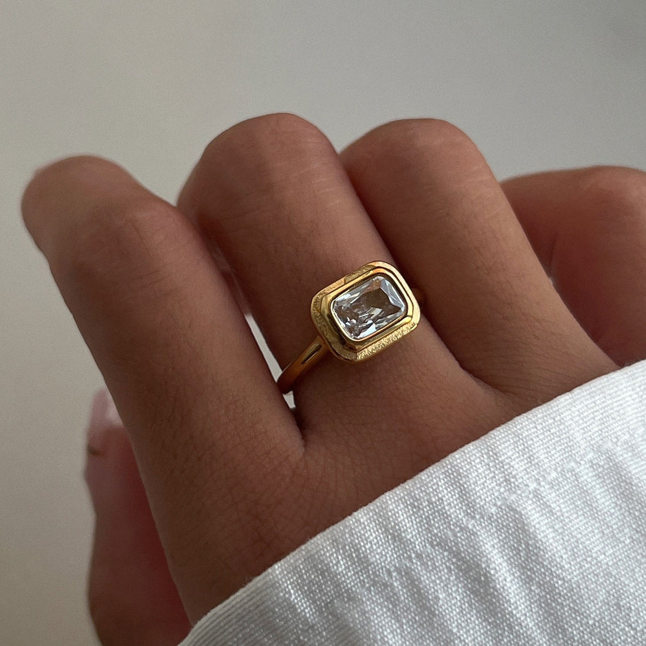 Gold-Plated Stainless Steel Ring with Rectangular Zircon