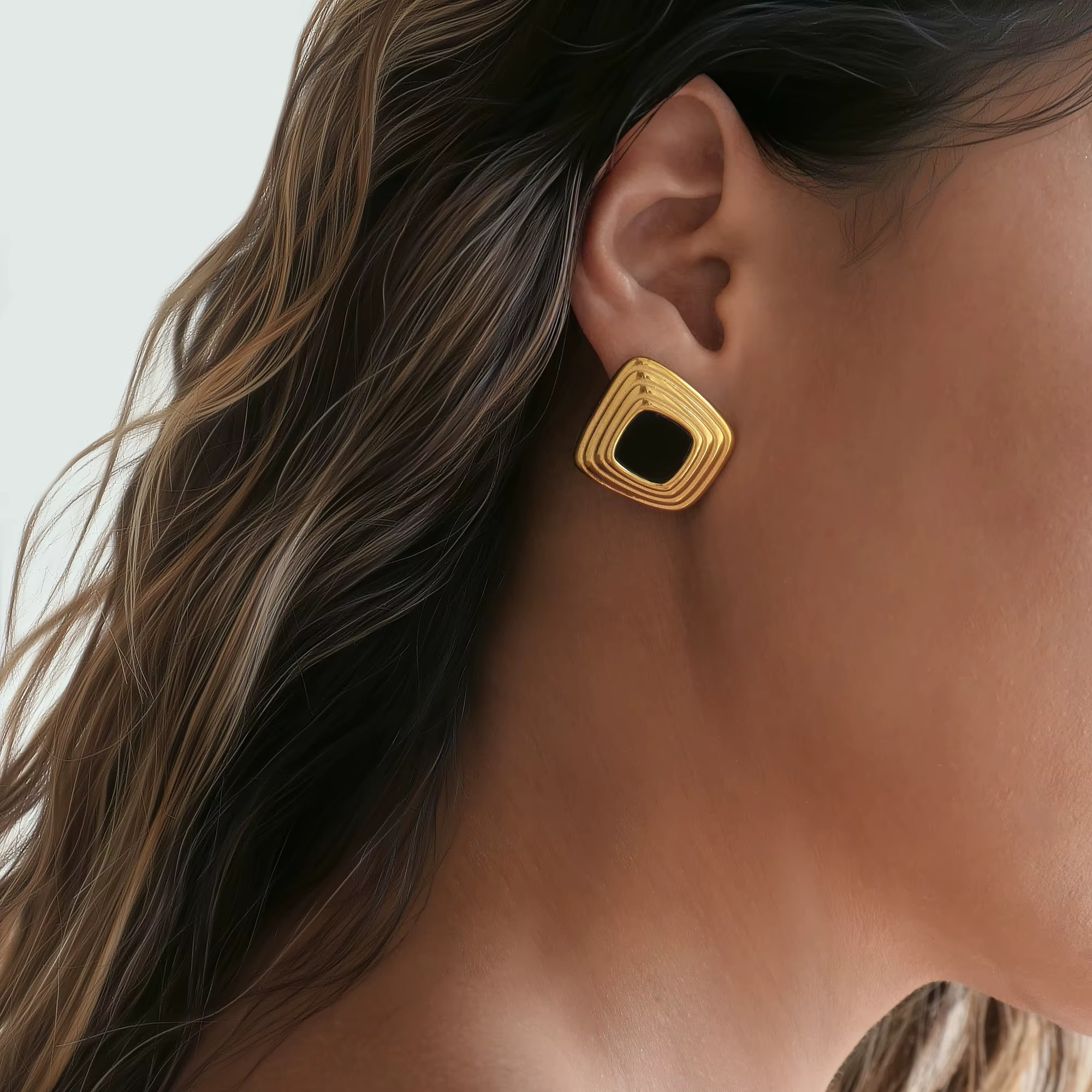 Trapezoid Striped Earrings with Black Enamel – 18K Gold-Plated Stainless Steel – Designed in Greece