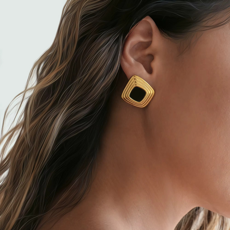 Gold-Plated Stainless Steel Trapezoid Stud Earrings with Black Enamel