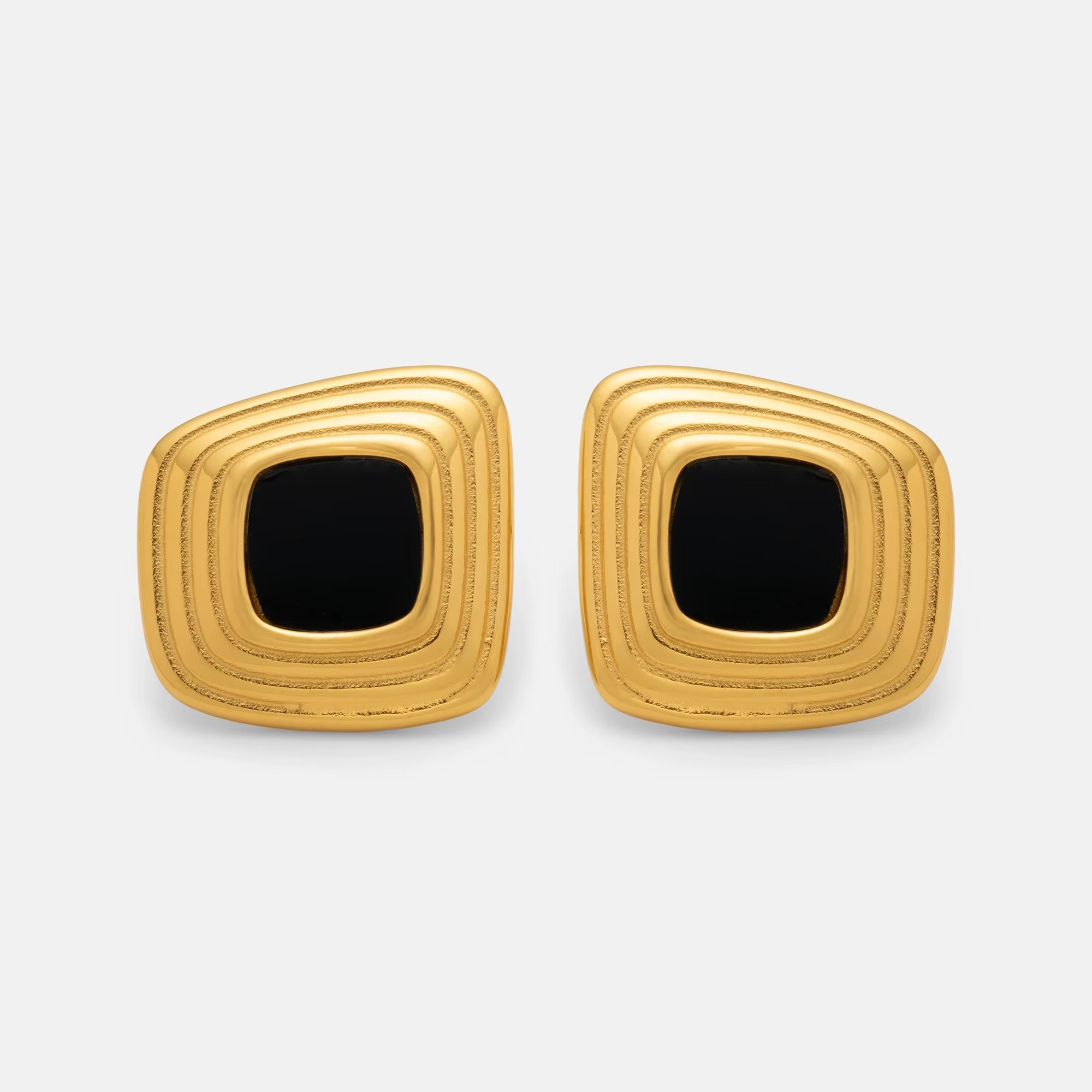 ENOTIA trapezoid gold-plated stainless steel earrings with black enamel