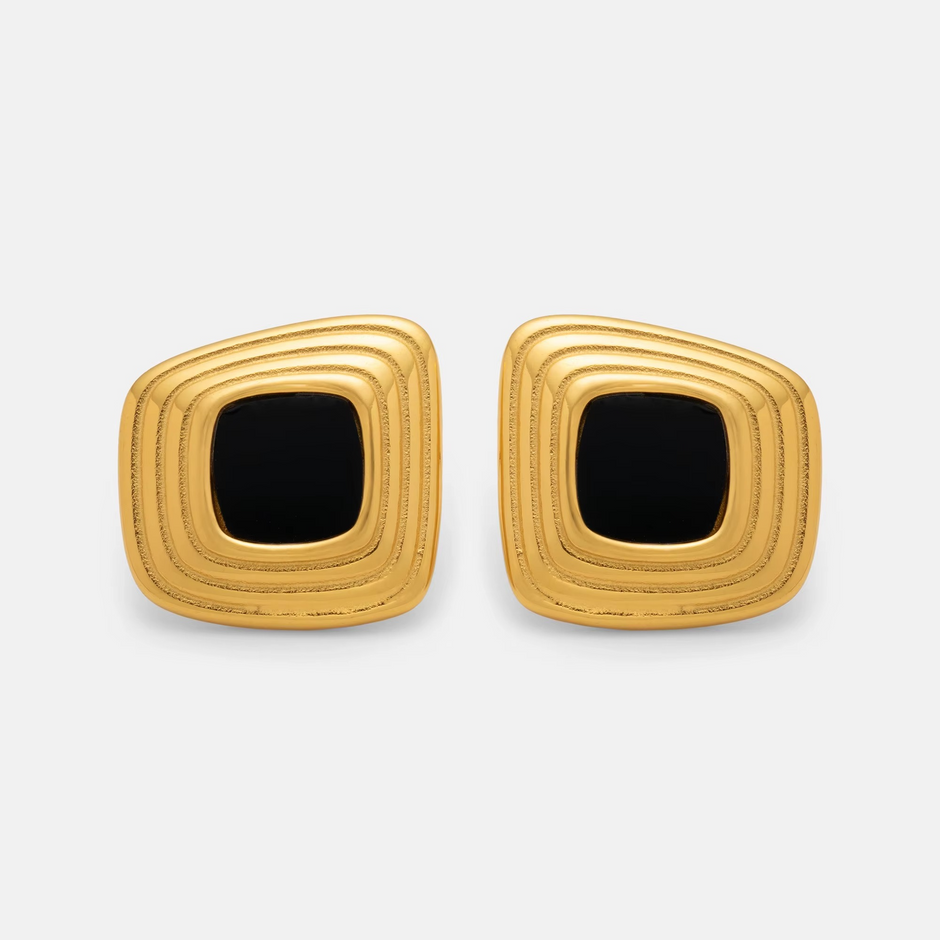 ENOTIA trapezoid gold-plated stainless steel earrings with black enamel