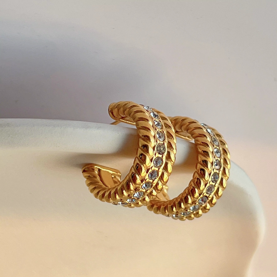 18k Gold Plated Stainless Steel Twist Chain Zirconia C Hoop Earrings