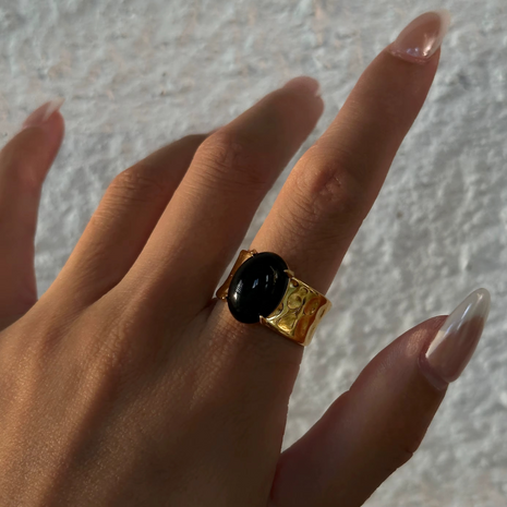 Gold-Plated Stainless Steel Ring with Black Resin Cabochon