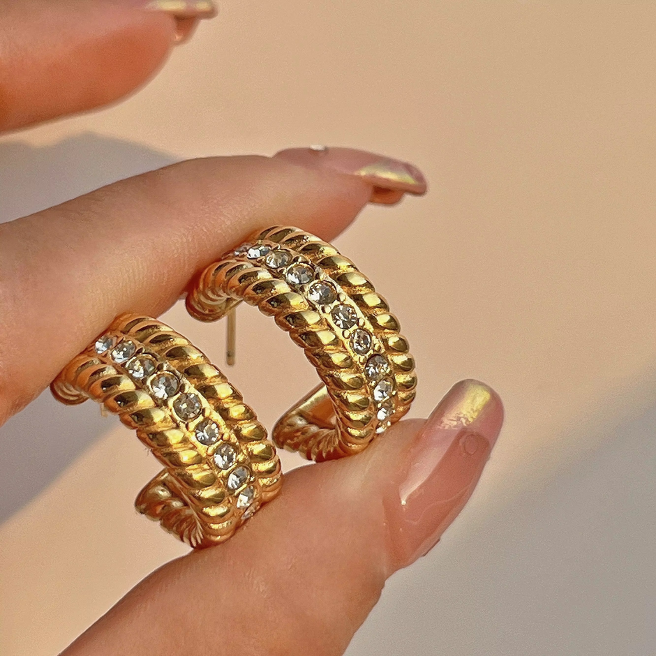 18k Gold Plated Stainless Steel Twist Chain Zirconia C Hoop Earrings